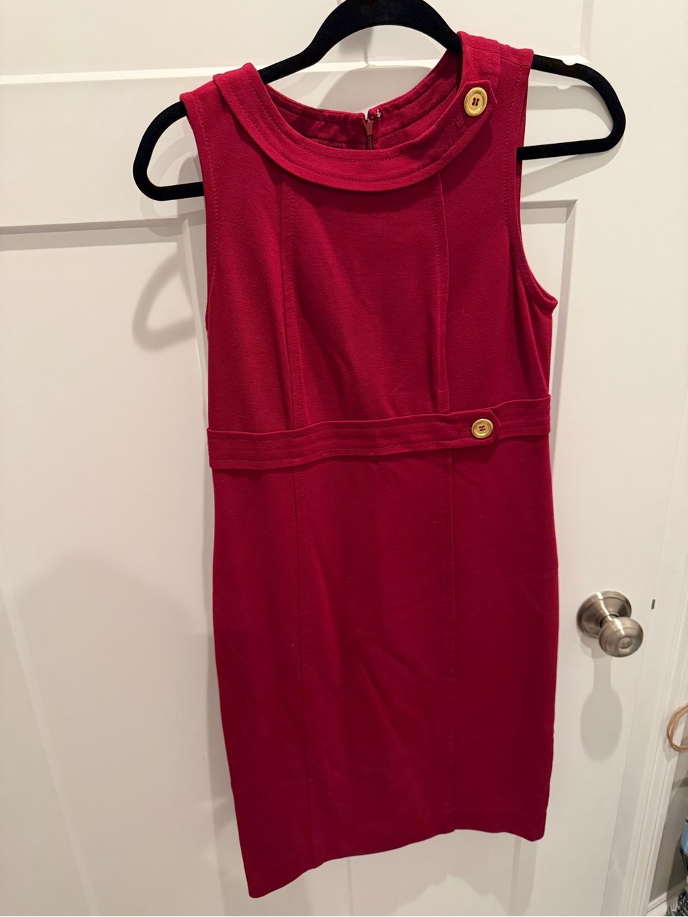 Talbots Sleeveless Red Sheath Dress with Gold Button Detail